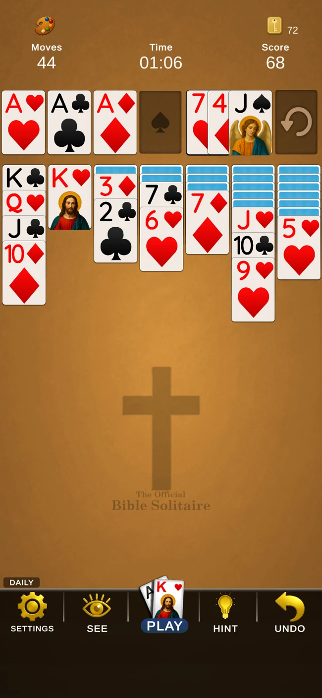 A hand in progress in The Official Bible Solitaire.