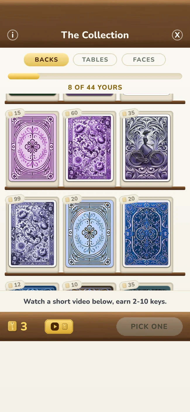 Collectible card designs in The Original Solitaire+.